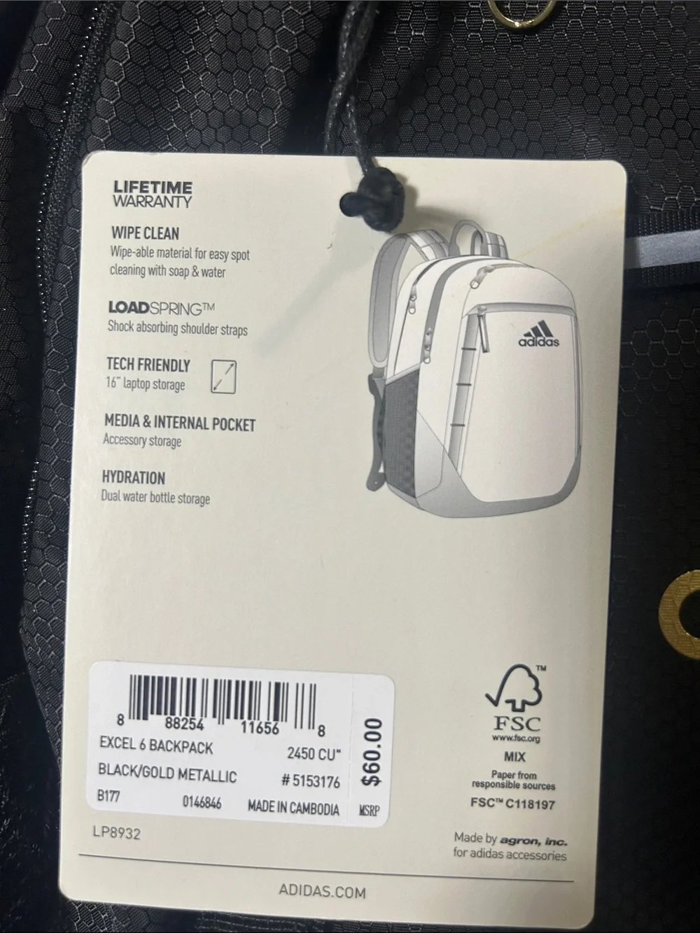 Adidas Excel 6 Black Backpack with Gold Metallic Logo Accent